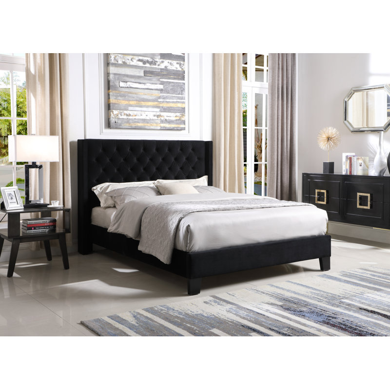 Jia Upholstered Platform Bed, Queen, Black