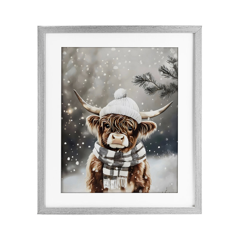 Cozy Winter Highland Calf, reproduction encadrée sous verre, design par Arlington Prints, H 21 po x l 17 po