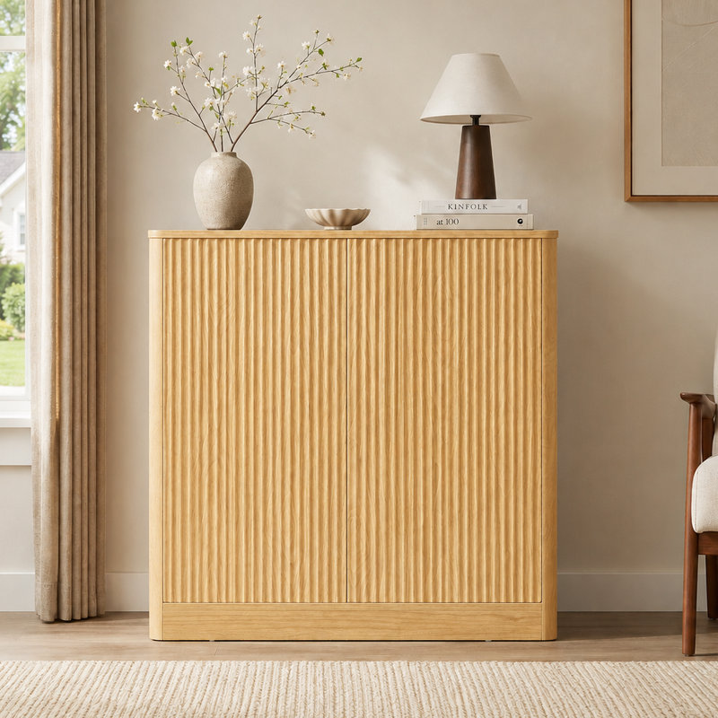 Armoire de rangement moderne avec portes ondulées modernes pour la cuisine, le salon et le vestibule, Natural
