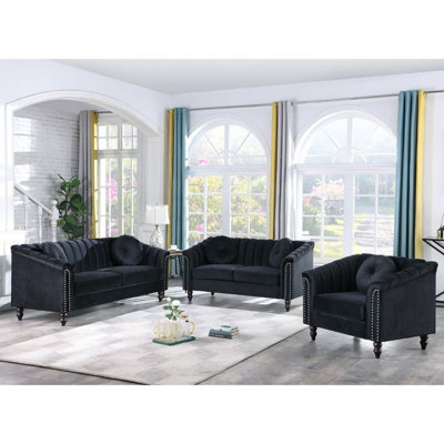 Ensemble de salon 3 pièces en microfibre noire avec fauteuil et causeuse