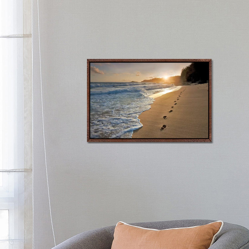 Footprints On The Sand by Dennis Frates - Print on Canvas, 45.72cm H x 66.04cm W x 3.81cm D, Classic Brown Wood Framed