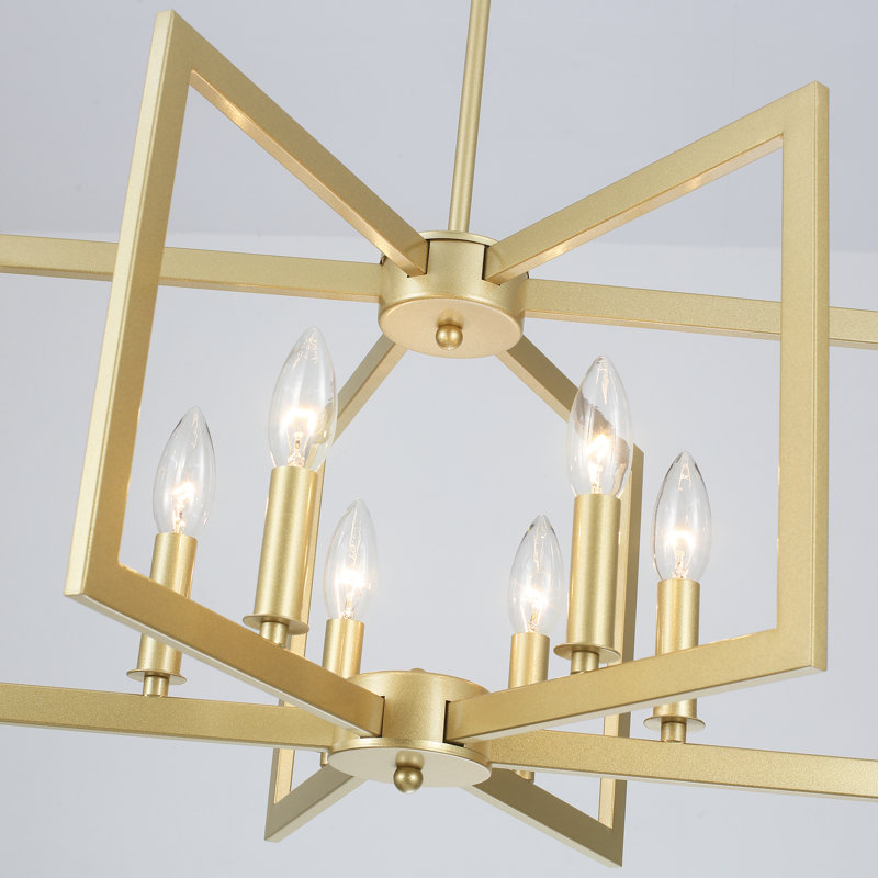 6 - Light Farmhouse Geometric Candle-Style Square / Rectangle Lantern Chandelier, Gold, 6 Lights