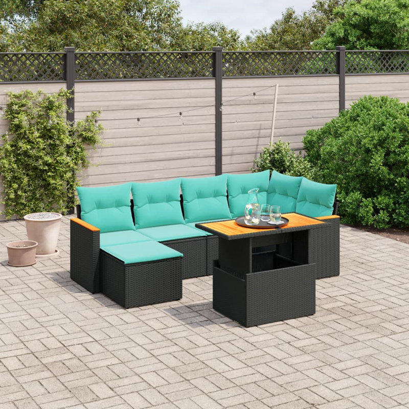  Ensemble de canapé de patio 7 pièces avec coussins en rotin de polyester, Noir, Vert