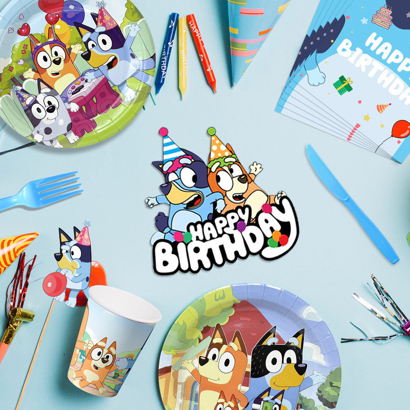 Bluey Birthday Decorations, 68 pièces décorations de fête Bluey et ensembles de vaisselle Bluey