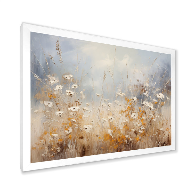 Beige et gris Meadows brise - art mural grand prairie, Cadre d'angle fermé blanc, H 32 po x l 24 po x P 1 po