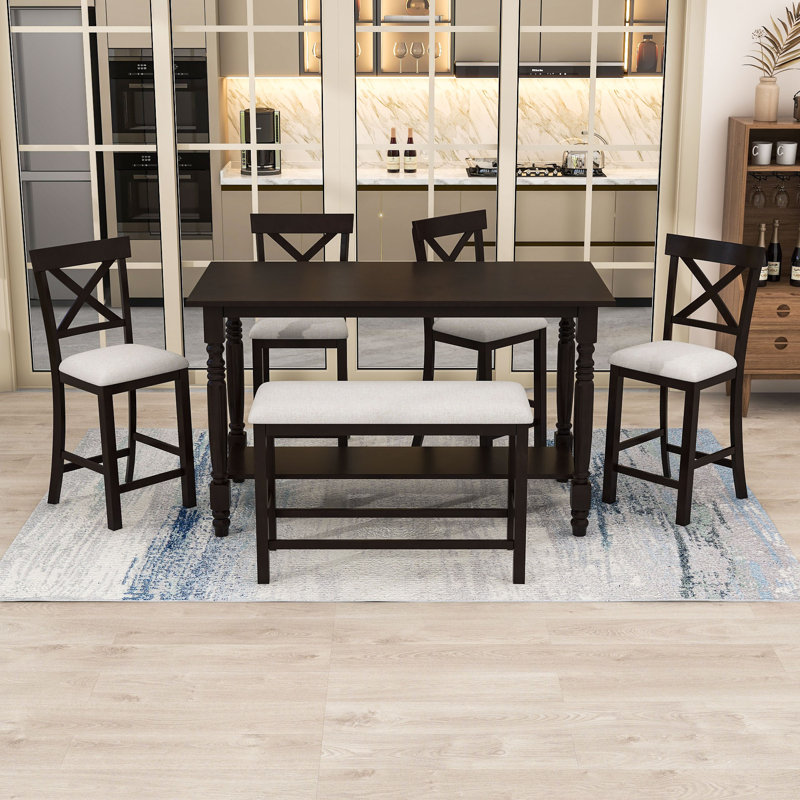 Daylani 6-Piece Dining Set, Counter-Height Dining Table with Storage and Upholstered Chairs and Bench, Espresso
