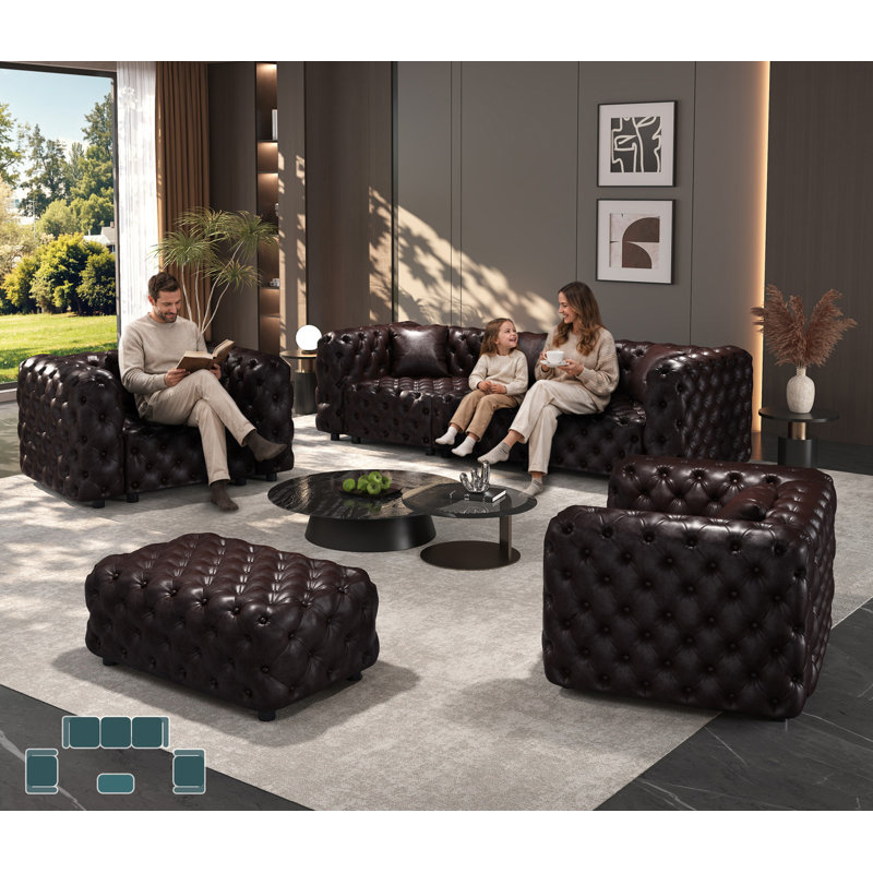 Ensemble de salon modulaire 4 pièces Ecoliving, ensemble de canapé en similicuir avec canapé, fauteuil et repose-pieds, capitonné