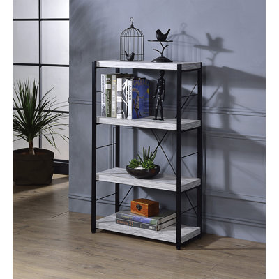 Jurgen Antique White & Black Bookshelf With Faux Concrete Shelves And Metal Frame For Modern Storage