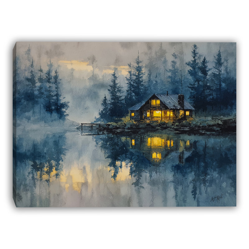 «Cabin Lights in Evening Mist», art mural sur toile tendue, H 36 po x l 48 po