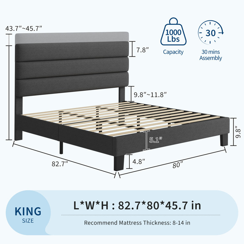 Structure de très grand lit avec tête de lit ajustable - lit plateforme tapissier, support à lattes de bois, aucun sommier requis, assemblage facile