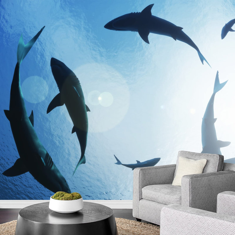 Grand papier peint auto-adhésif School of Sharks, L 66 po x l 96 po