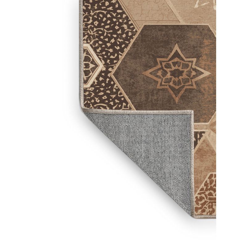 Machine Washable Penola Global Inspired Moroccan Rug in Brown – Beige Binding, 8' Round