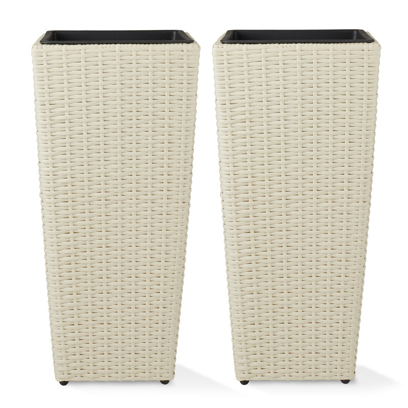 Set of 2 Tall Outdoor Planters with Removable Flower Plant Pot Liners, White