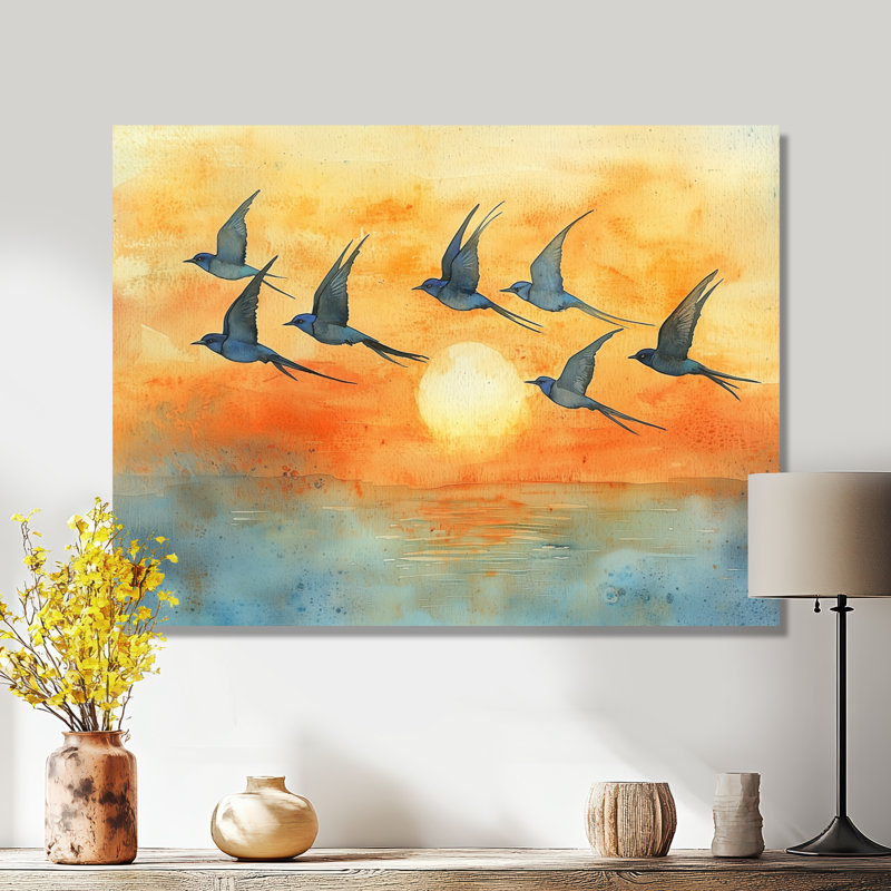 «Swallows Birds At Sunset I», reproduction d'art moderne en métal, art mural oiseau en métal, H 12 po x l 20 po