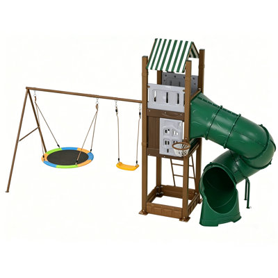 All-in-One Outdoor Backyard Playset with Turbo Tube Slide, Swings, Sandbox Fort & Adjustable Basketball Hoop for Kids 3-10