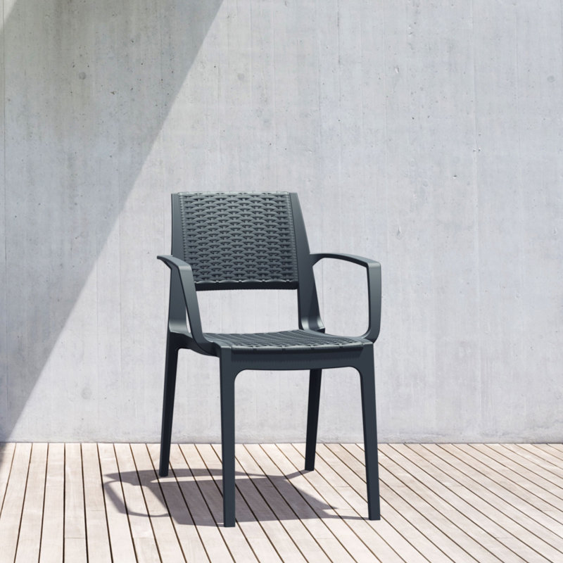 Ramseur Stacking Plastic/Resin Patio Dining Armchair, Dark Gray