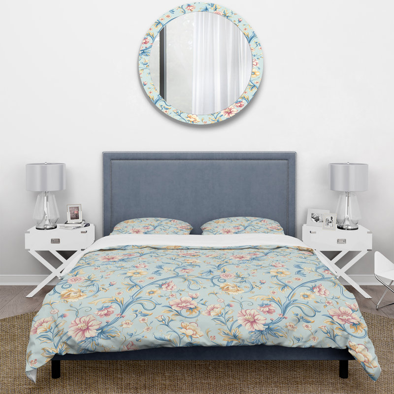 Pink Blue Boho Floral Paradise II - Boho Duvet Cover Set, Queen Duvet Cover + 2 Standard Pillow Shams