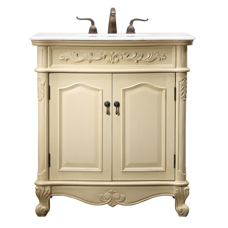 32'' Single Bathroom Vanity with Marble Top, Antique Ivory