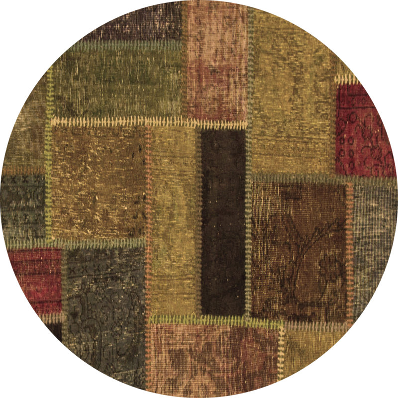Tapis géométrique en laine / polyester tissé à la machine en brun / rouge / vert, Rond 4 pi