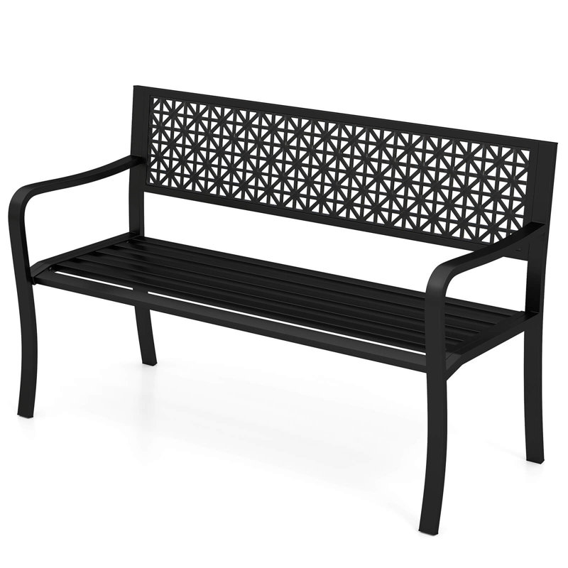50" Garden Bench With Patterned Backrest And Curved Armrests For Porch Lawn