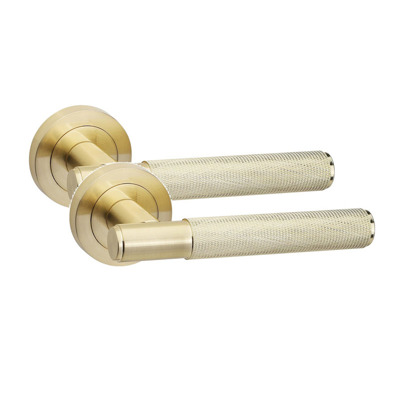  Knurled T-Bar Bathroom Door Handle Set in Satin Brass with Thumbturn, Dead Bolt and Ball Bearing Hinges