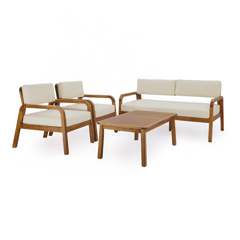 Ensemble de canapé d'extérieur 4 pièces avec causeuse, chaises et table basse avec cadre en bois d'acacia
