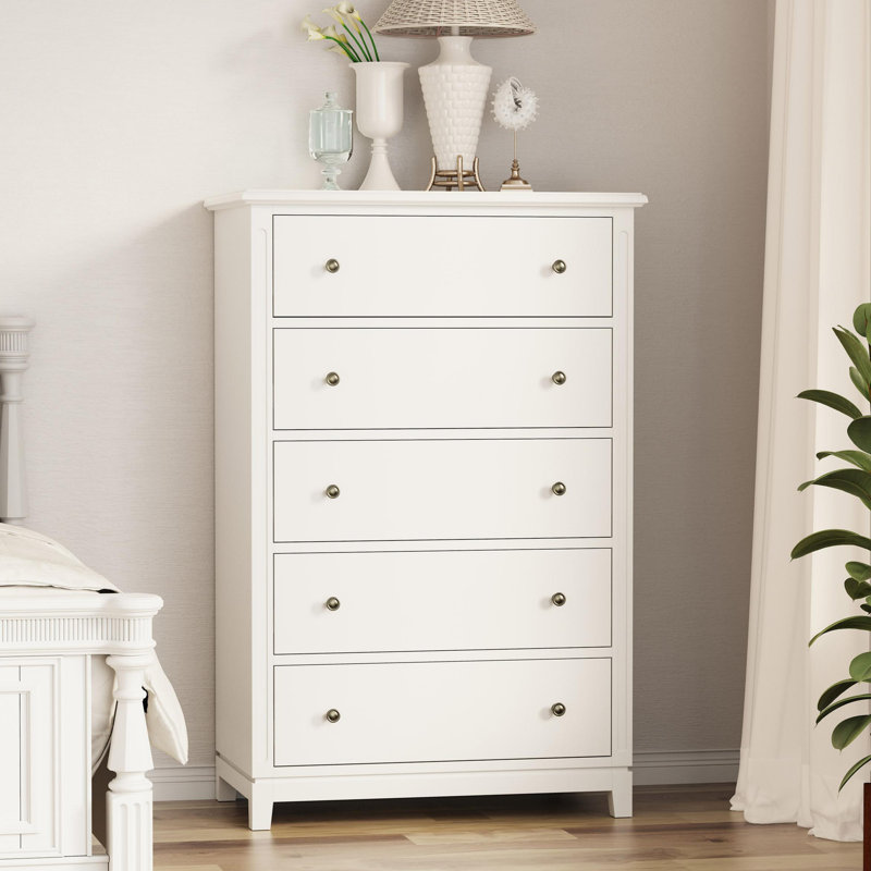 Commode 5 tiroirs en bois massif, Blanc
