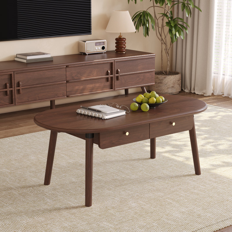Table basse ovale en bois de noyer avec tiroirs