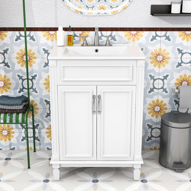 Meuble-lavabo élégant - style rétro, poignée en métal exquis, lavabo, Blanc