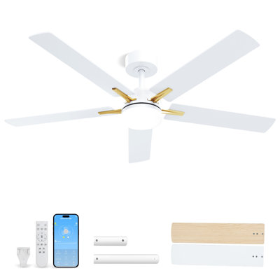 52 Inch Ceiling Fans with Lights, App&Remote Control, Low Profile Modern Ceiling Fan, 6 Speed, Reversible, 3000k-6500k Dimmable LED, Quiet DC Motor for Indoor Outdoor Use, Gold White