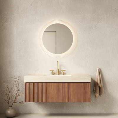 Ensemble de meuble-lavabo et lavabo 48 po, unité de contreplaqué flottant, pierre frittée à motif, lavabo en céramique, 3 trous de robinet, aspect chêne brun, meuble-lavabo à installation facile, meuble de rangement, lavabo en chêne, fermeture en douceur