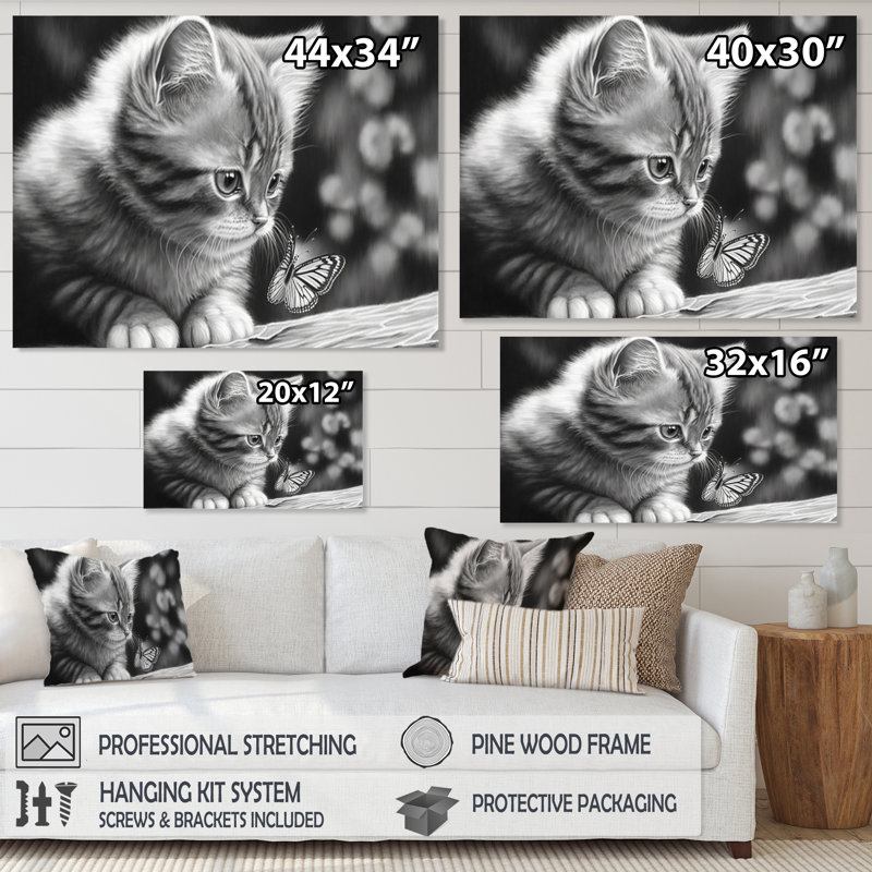 Monchrome, dessin numérique du petit chaton - reproduction sur toile, H 16 po x l 32 po x P 1 po, Toile tendue