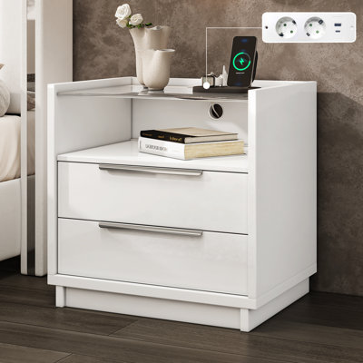 60cm White Modern High Gloss 2-Drawer Bedside Table with Glass Top & Charging Station