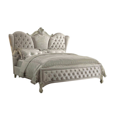  Avery Ivory and White Solid Wood And Tufted Velvet Bed Frame With Nailhead Trim — White & Ivory