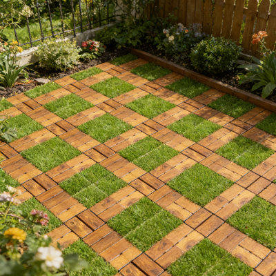 Carreaux de terrasse en gazon artificiel et en bois d'acacia (paquet de 60, 12 po x 12 po) - Planchers hybrides intérieur / extérieur pour patio, balcon et pelouse - Installation facile par encliquetage, sans outils, toutes saisons et animaux de compagnie