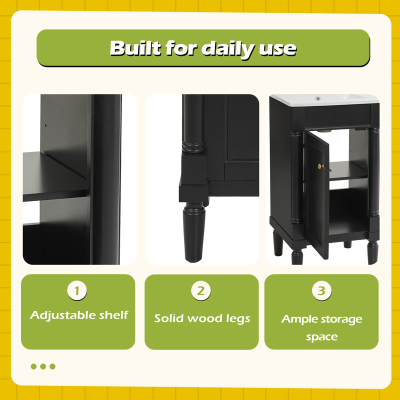Armoire de salle de bain de style français 18 po avec rangement, solution pour petit espace avec lavabo en céramique, tablette réglable