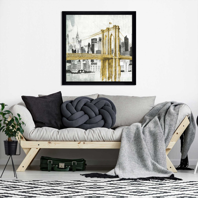 New York Skyline I, pont jaune I - peinture, Cadre noir, H 37,5 po x l 37,5 po x P 1 po