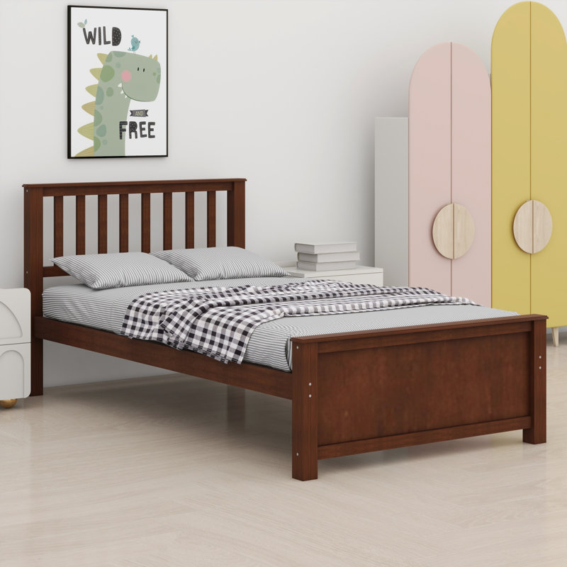 Lit plateforme en bois avec tête de lit, pied de lit et lattes en bois, Noyer