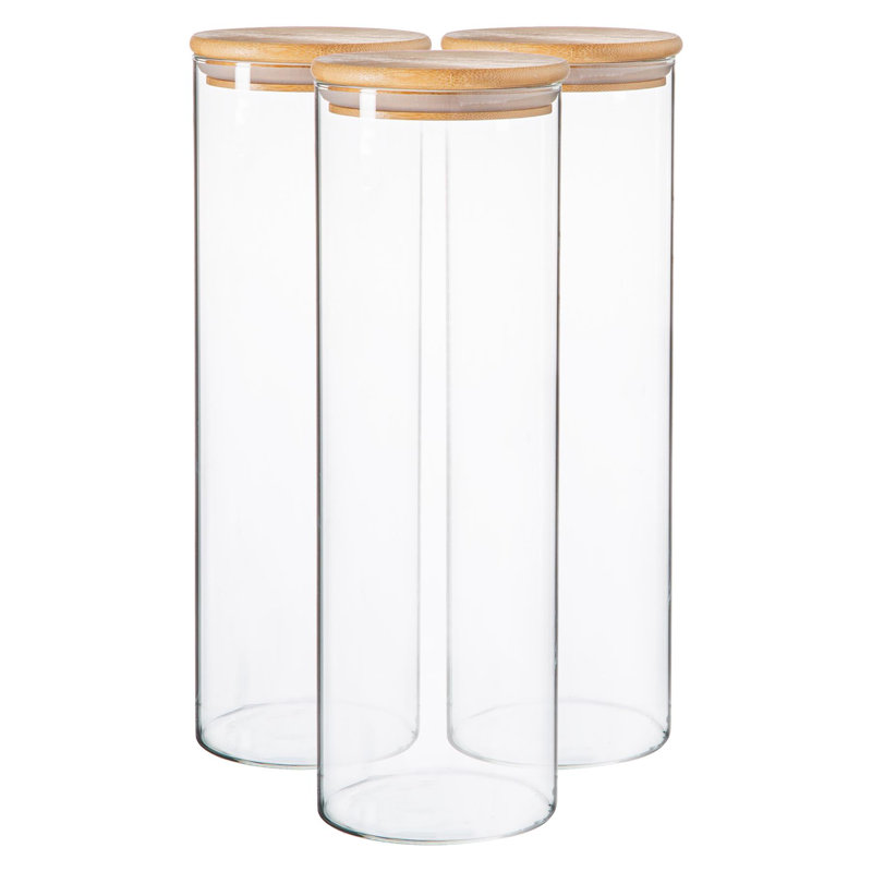 Argon Tableware - Scandi Glass Storage Jars with Wooden Lids - Set of 3, 30cm H x 10cm W x 10cm D