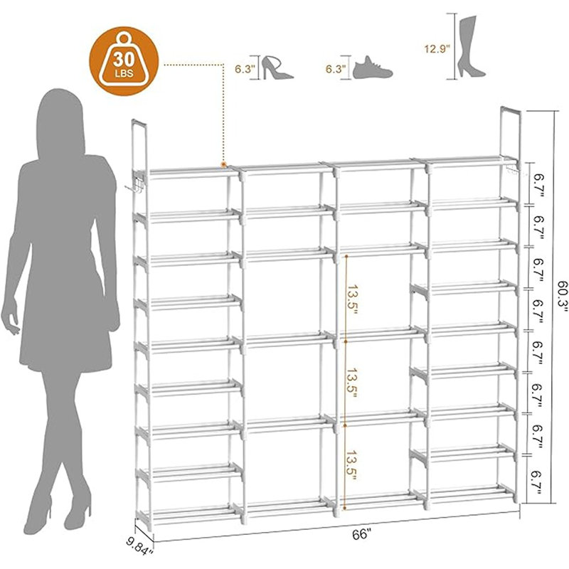  4 Row 9 Tiers Extra Large Shoe Rack 72-80 Pairs Big Tall Metal Shoe Shelf, Heavy Duty Shoe Rack Organizer For Closet Entryway, Boot Rack Storage Stackable Shoe Rack For Garage White