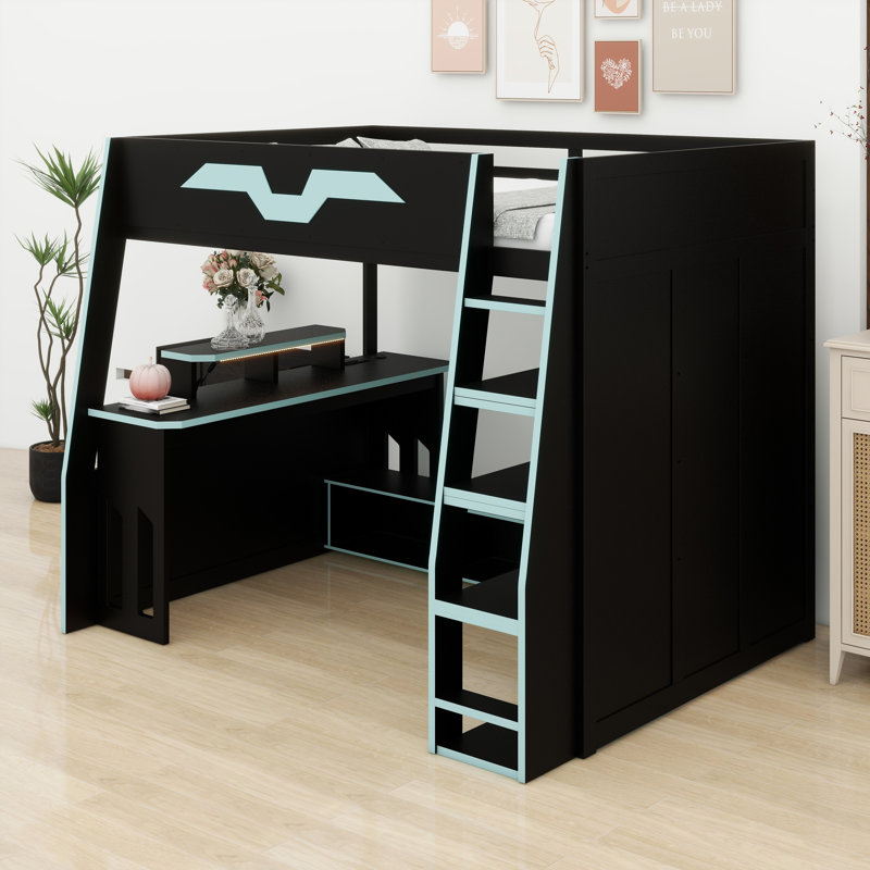 Functional Loft Bed System with Multi-Storage, Customizable RGB Lighting, and Desk with Variable Placement, Blue