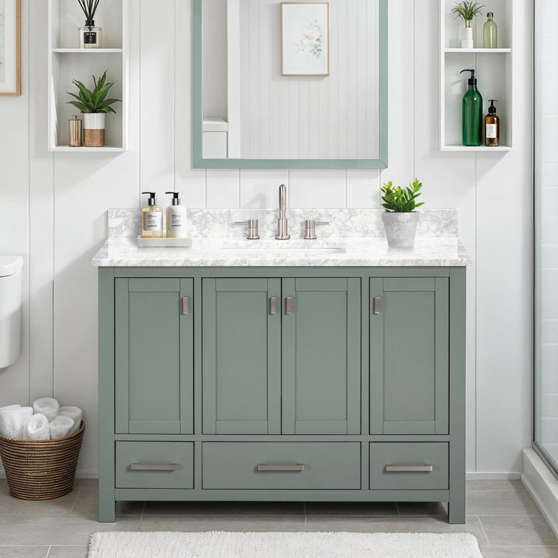 Souther 48" Single Bathroom Vanity with Top, Carrera White Marble, Brushed Nickel, Smoke Green
