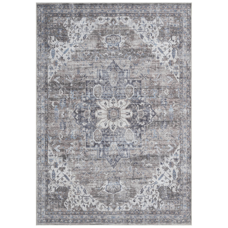 Kujawski Oriental Machine Washable Gray Area Rug, Rectangle 6'6" x 9'2"