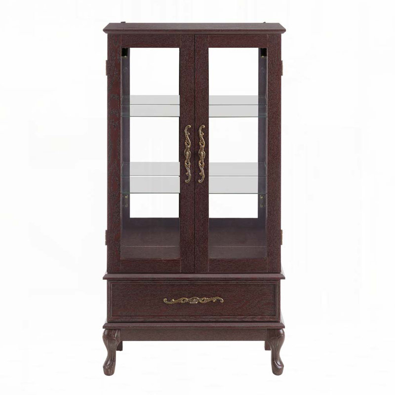 Armoire vitrine vitrée avec tablettes réglables en verre 2 portes et 1 tiroir, Cerise foncée
