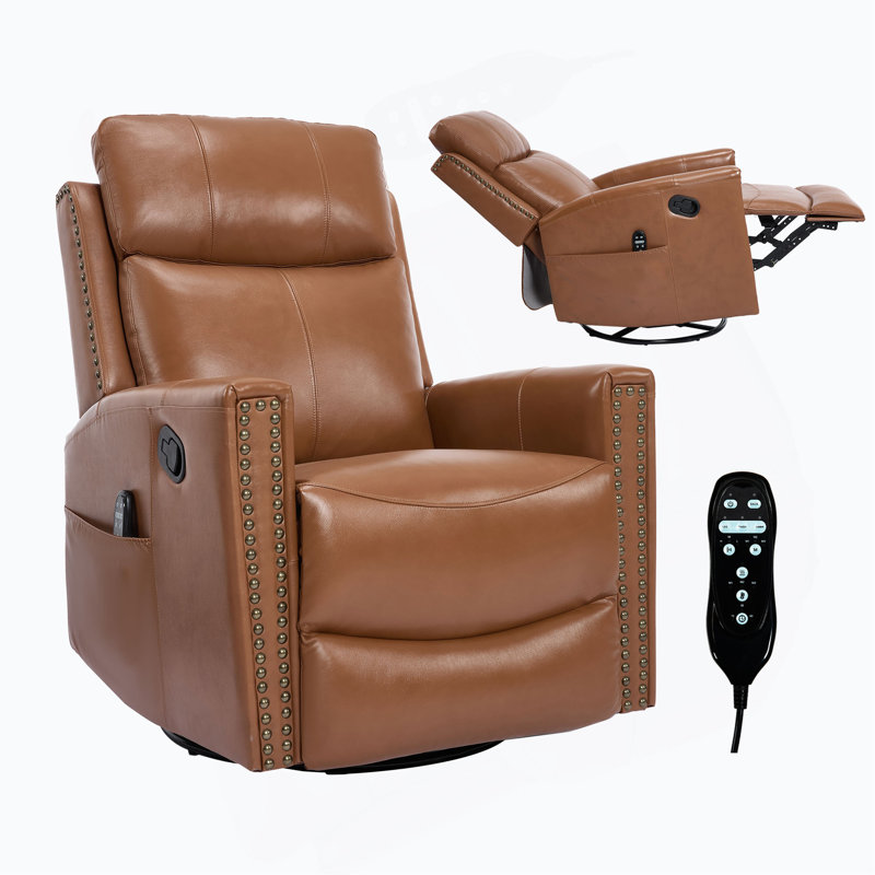 Genuine Leather Heat Massage Manual Recliner Chair With Rocker And Swivel For Living Room, Yellow