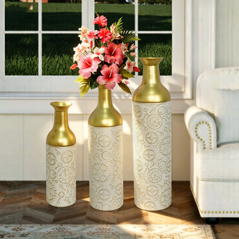 Vases de plancher décoratifs en métal et miroirs 3 pièces Glam, Blanc antique