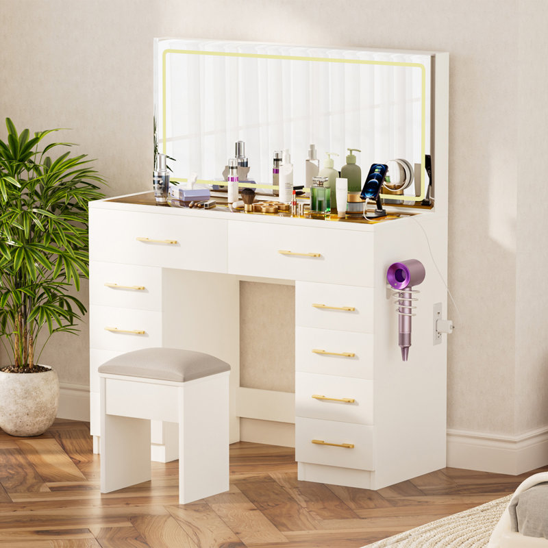 Meuble-lavabo de 46 po avec miroir et tabouret à 10 tiroirs