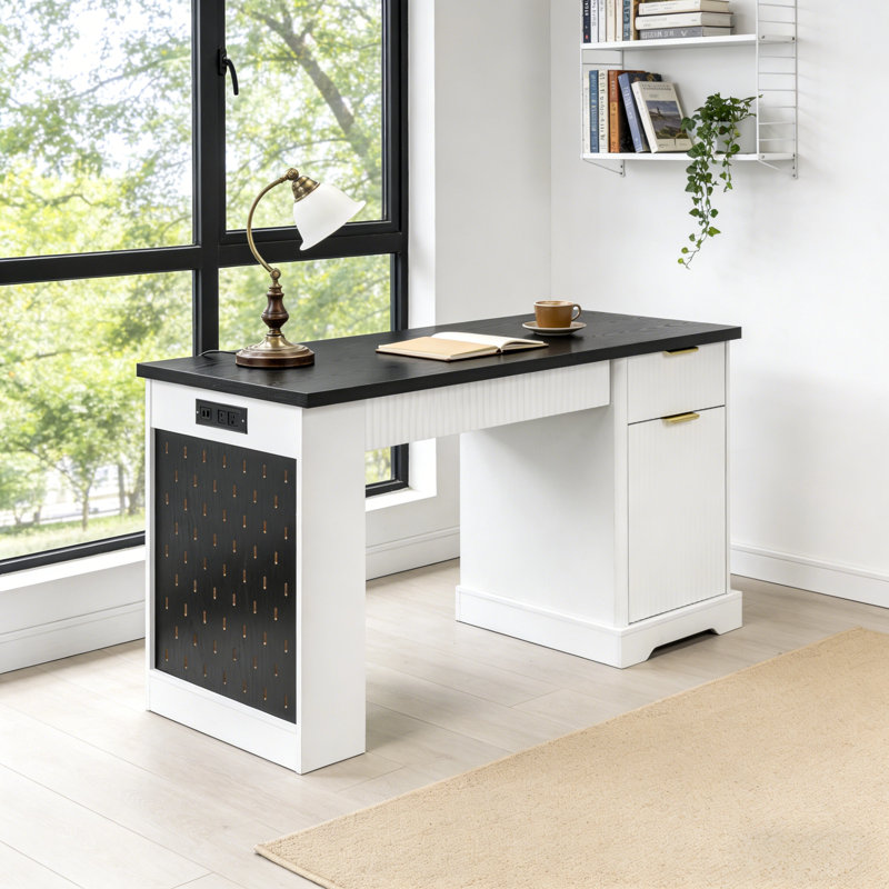 Modern 55" Fluted Writing Desk With Storage Cabinet, Drawers, Power Outlet And Built-In Shelves, Black/White