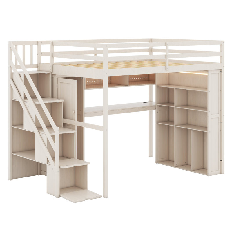 Space-Saving Loft Bed Frame with Integrated Wardrobe, Desk, Shelves and Lights, Beige