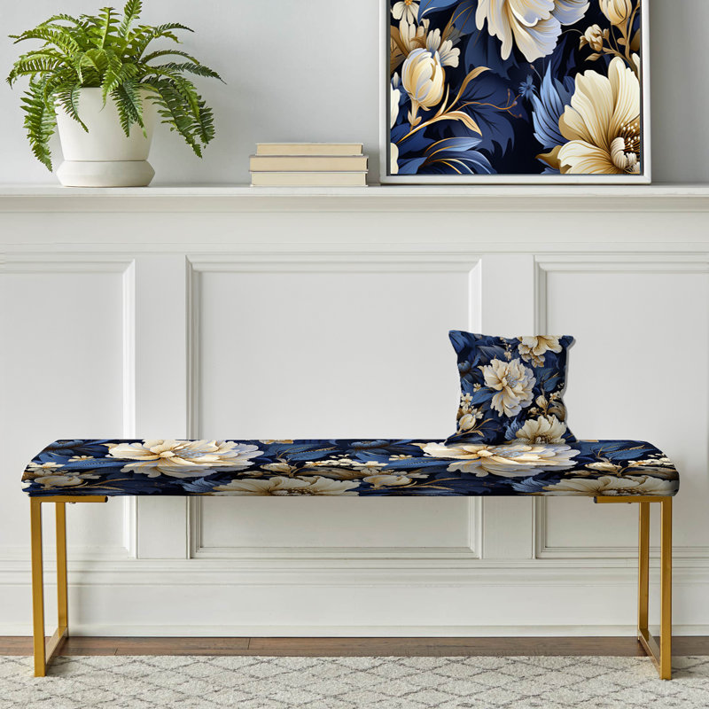 Banc rembourré or, Fleur de marguerite bleu profond et blanc
